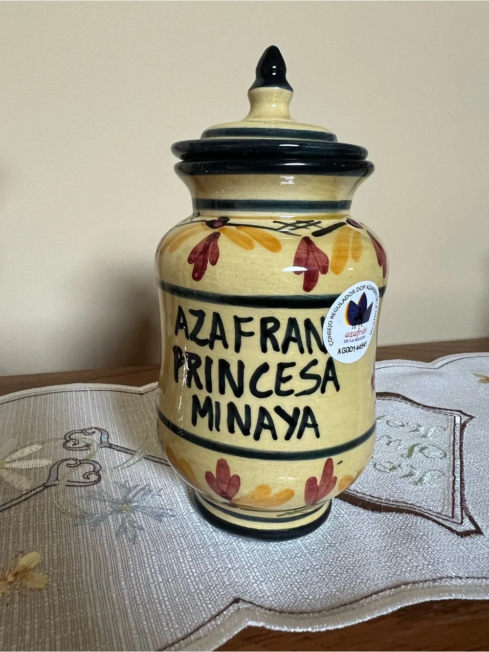 Princesa de Minaya Saffron Jar with Lid Ceramic Hand-Painted Yellow Blue - EMPTY